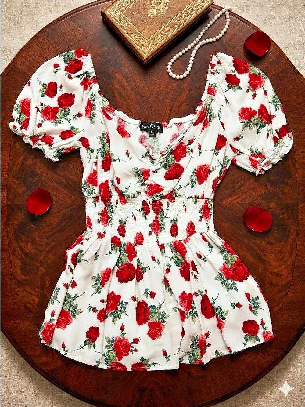 Almost Famous Red Rose Coquette Peplum Blouse Puff Sleeve Small